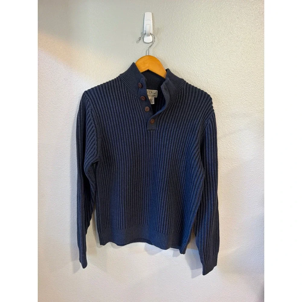 LL Bean Sweater Mens Medium Navy Blue Ribbed Cotton Mock Neck Button Pullover